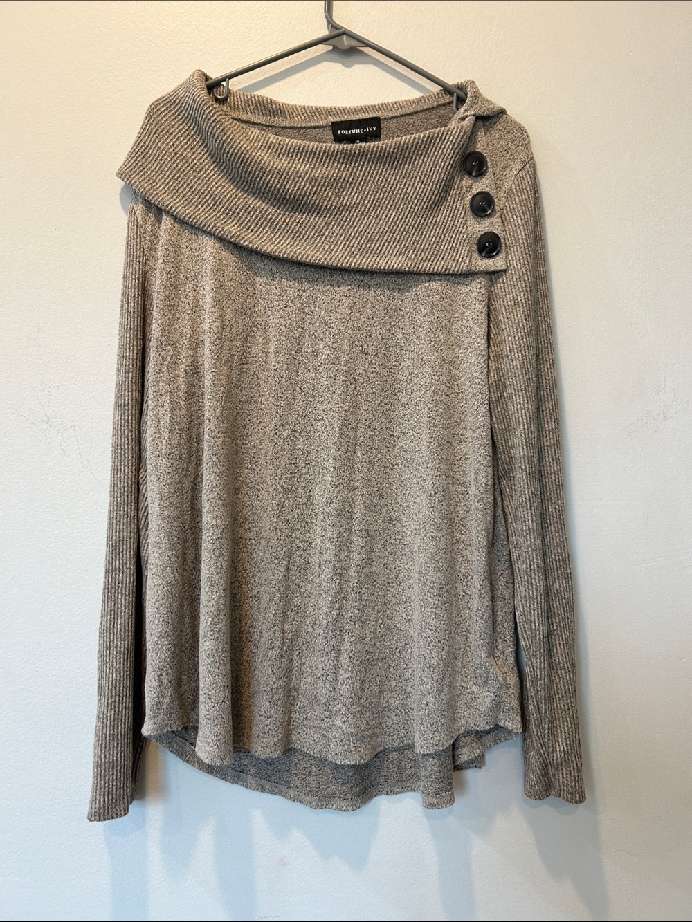 Fortune + Ivy Taupe Button-Trim Cowl Neck Sweater